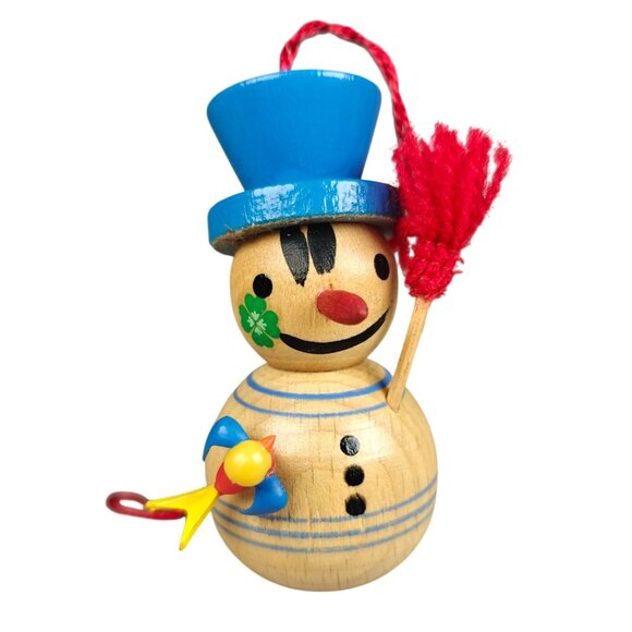 Vintage Steinbach Germany Wooden Snowman Ornament With Broom and Bird - Picture 1 of 6